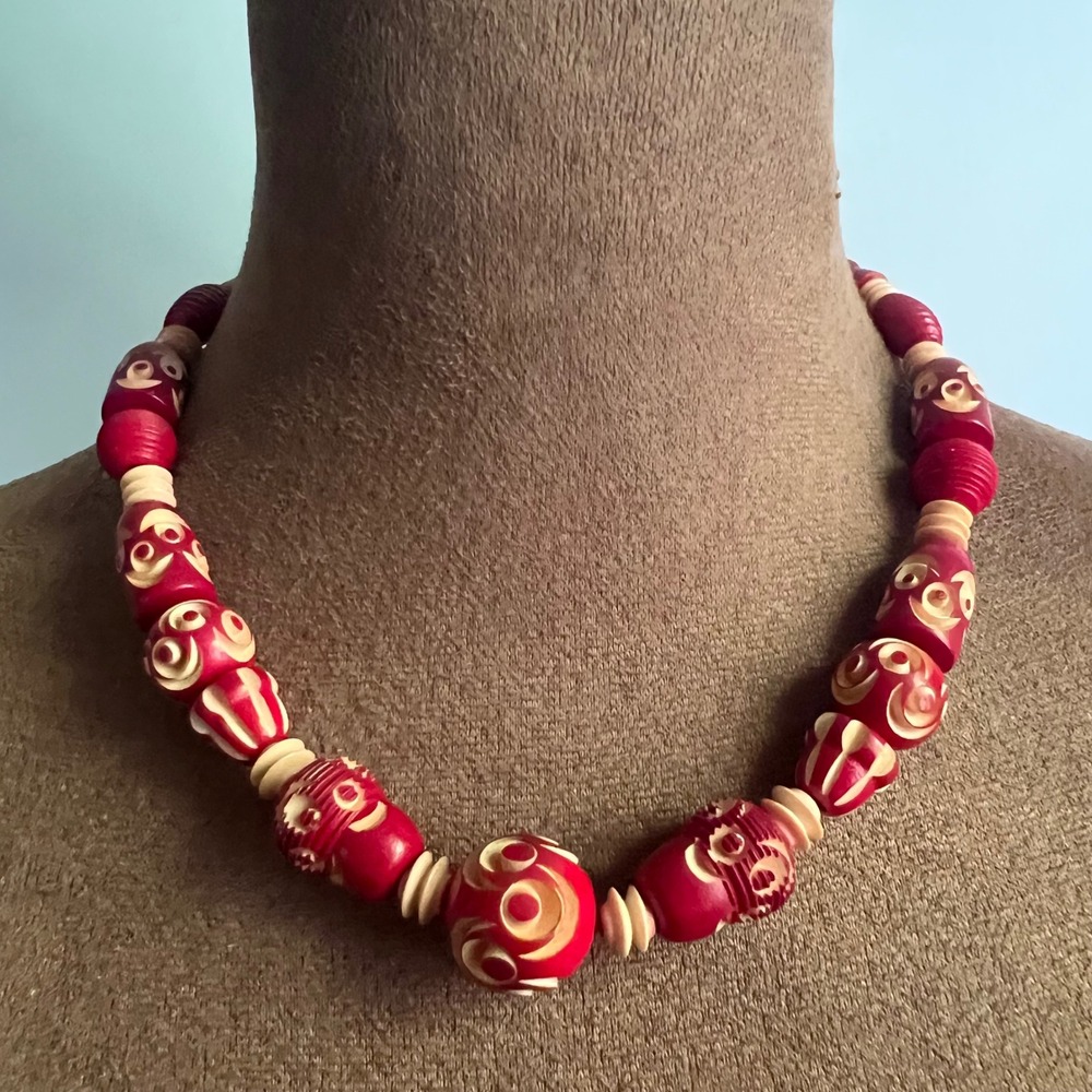 Vintage Red Carved Wood Bead Chunky Statement Necklace 16 Inch Eclectic
